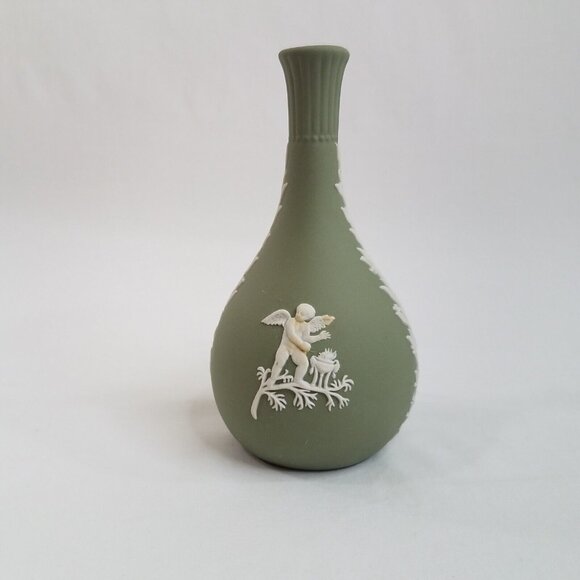 Wedgwood Jasperware Sage Green Bud Vase READ Trinket Dish Cherubs Greek Mytholog - Picture 5 of 16